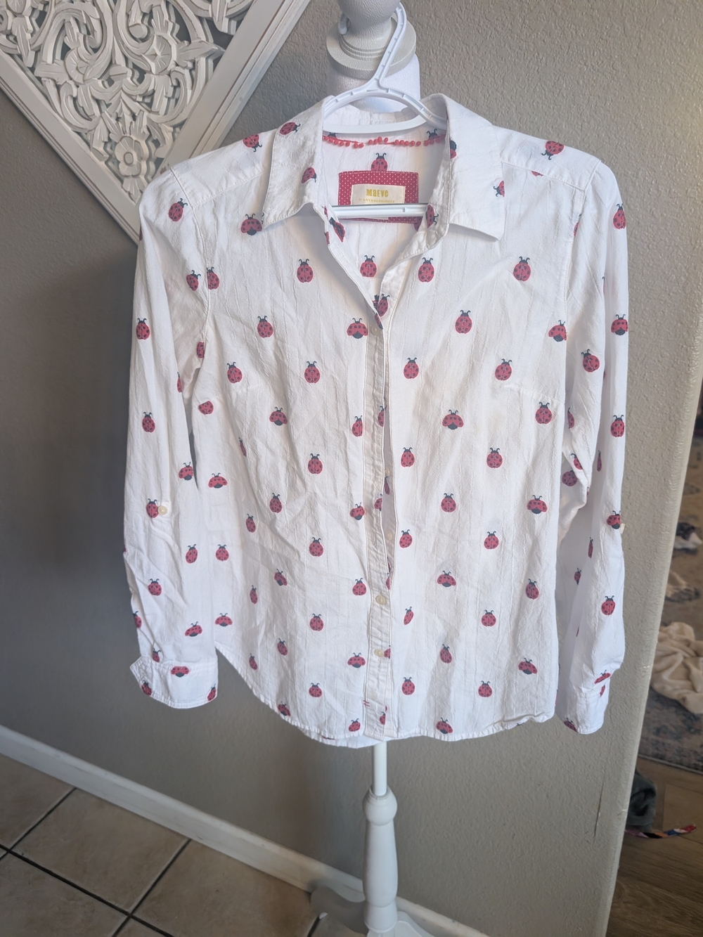 Anthropologie White Button-Down Shirt with Red Ladybug Print